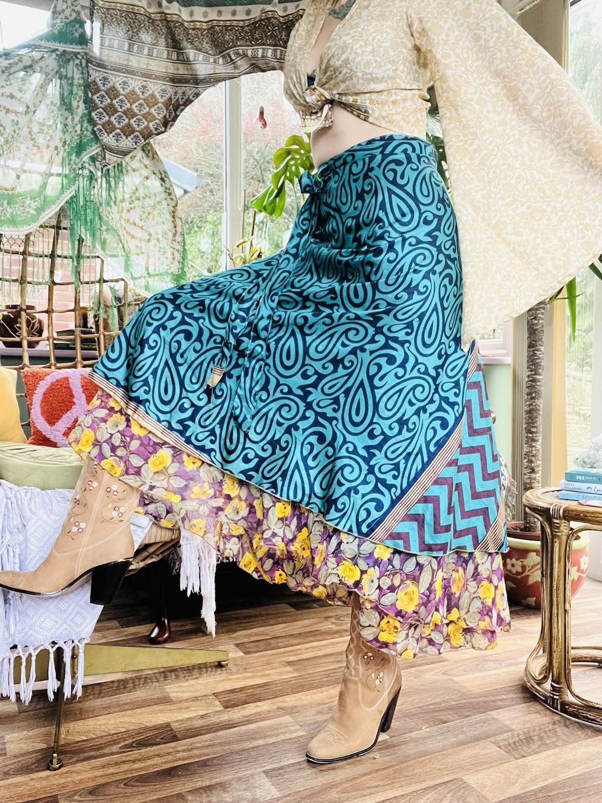 Layered Hippie Maxi Skirt Vintage Sari Silk Hippie Boho Long Gypsy Wrap Skirt
