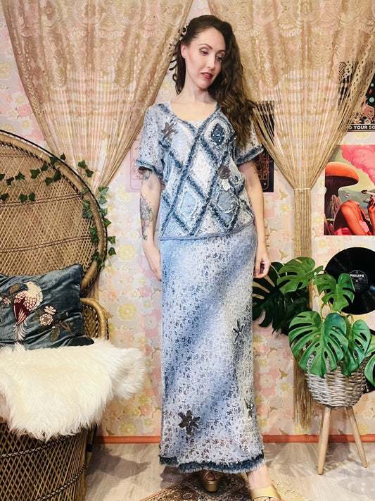 Vintage 90s Two Price Coord Set Maxi Skirt Sand T-shirt Top Frayed Denim Look 14