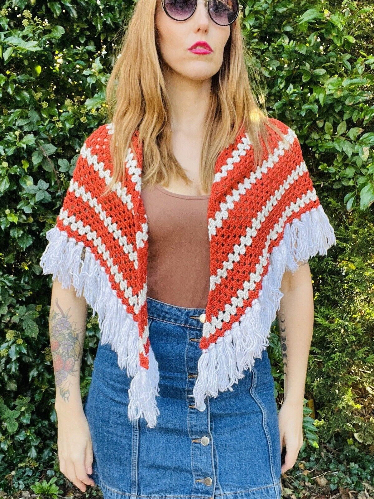 Vintage Knit Crochet Shawl Hippie Boho Triangle Wrap Cape Cottage Whimsy Scarf