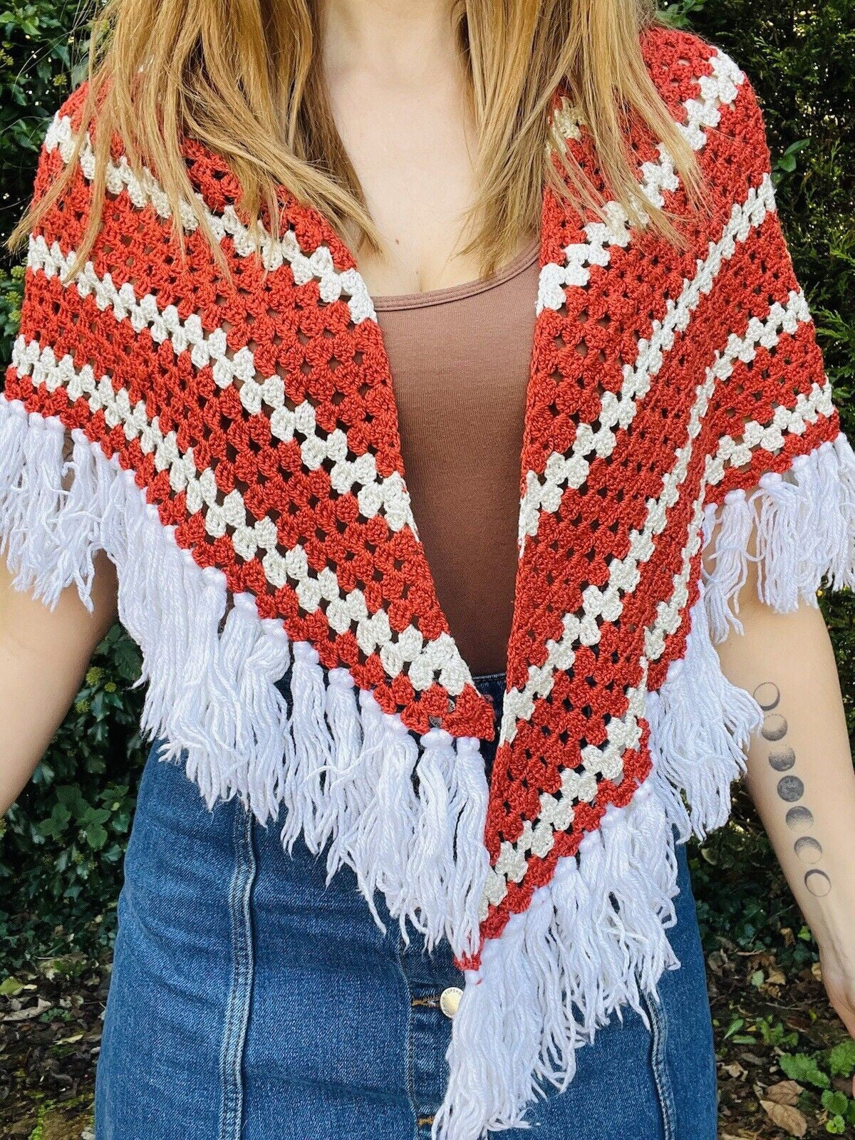 Vintage Knit Crochet Shawl Hippie Boho Triangle Wrap Cape Cottage Whimsy Scarf