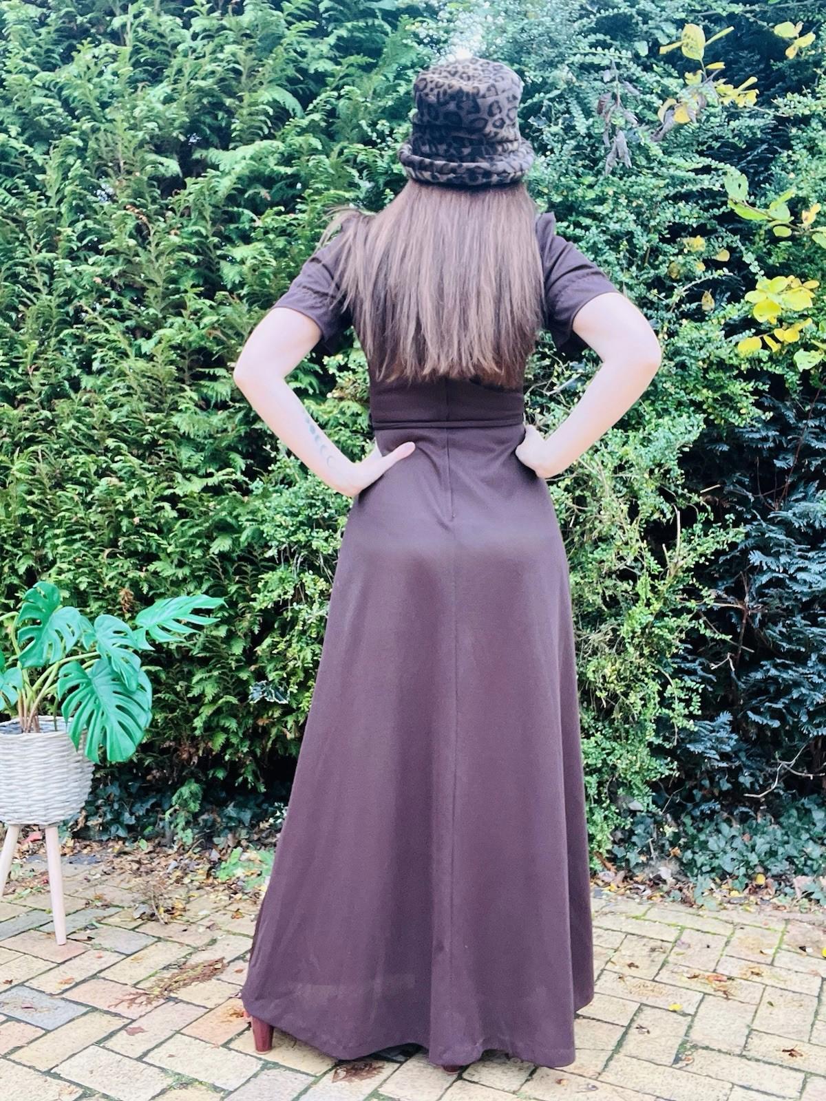 Vintage 1960s Maxi Dress Size 10 Brown With Tie Waist And Retro Gold Detail