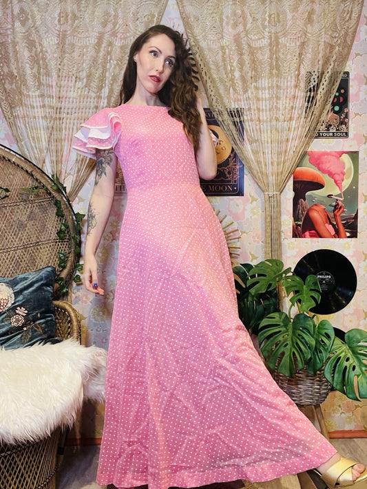 Vintage 1970s Maxi Dress Pink Polcadot Frilly Floaty Long Dress Size 14