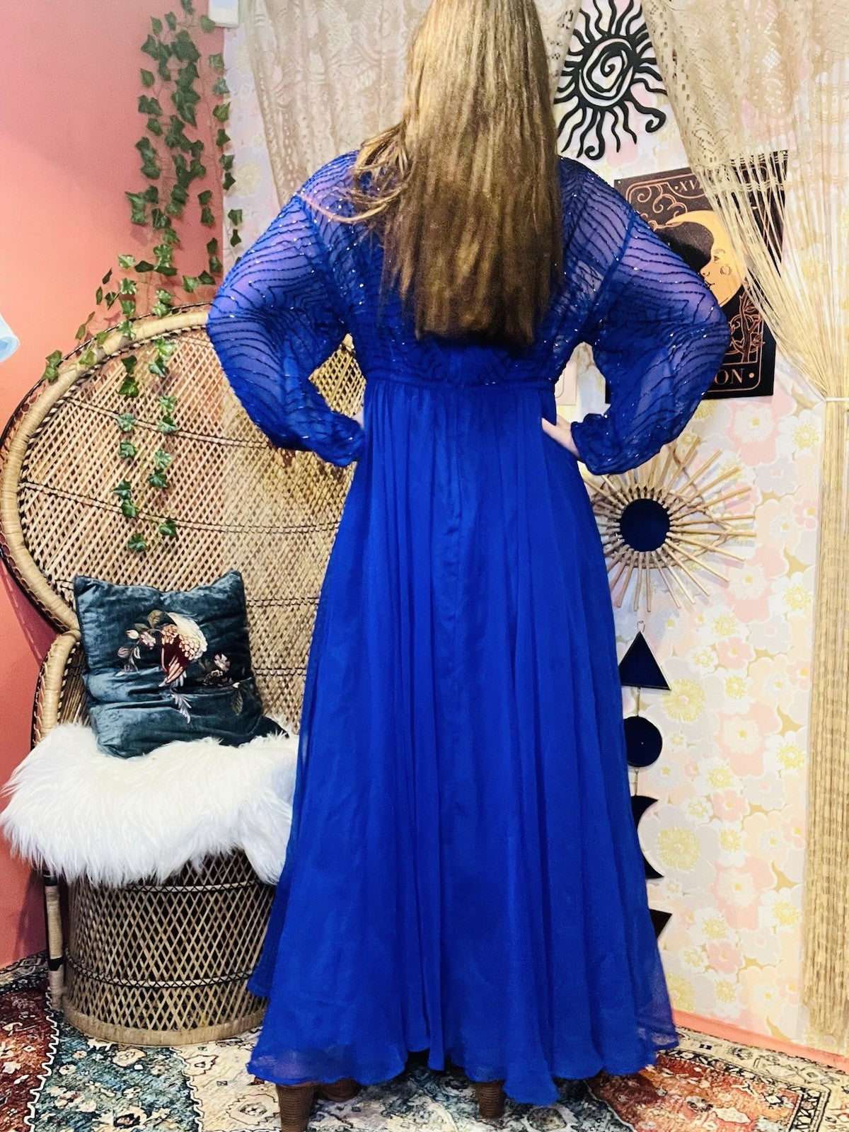 Vintage 80s Cocktail Dress Blue Size 12 Embellished Beaded Sheer Long Sleeves