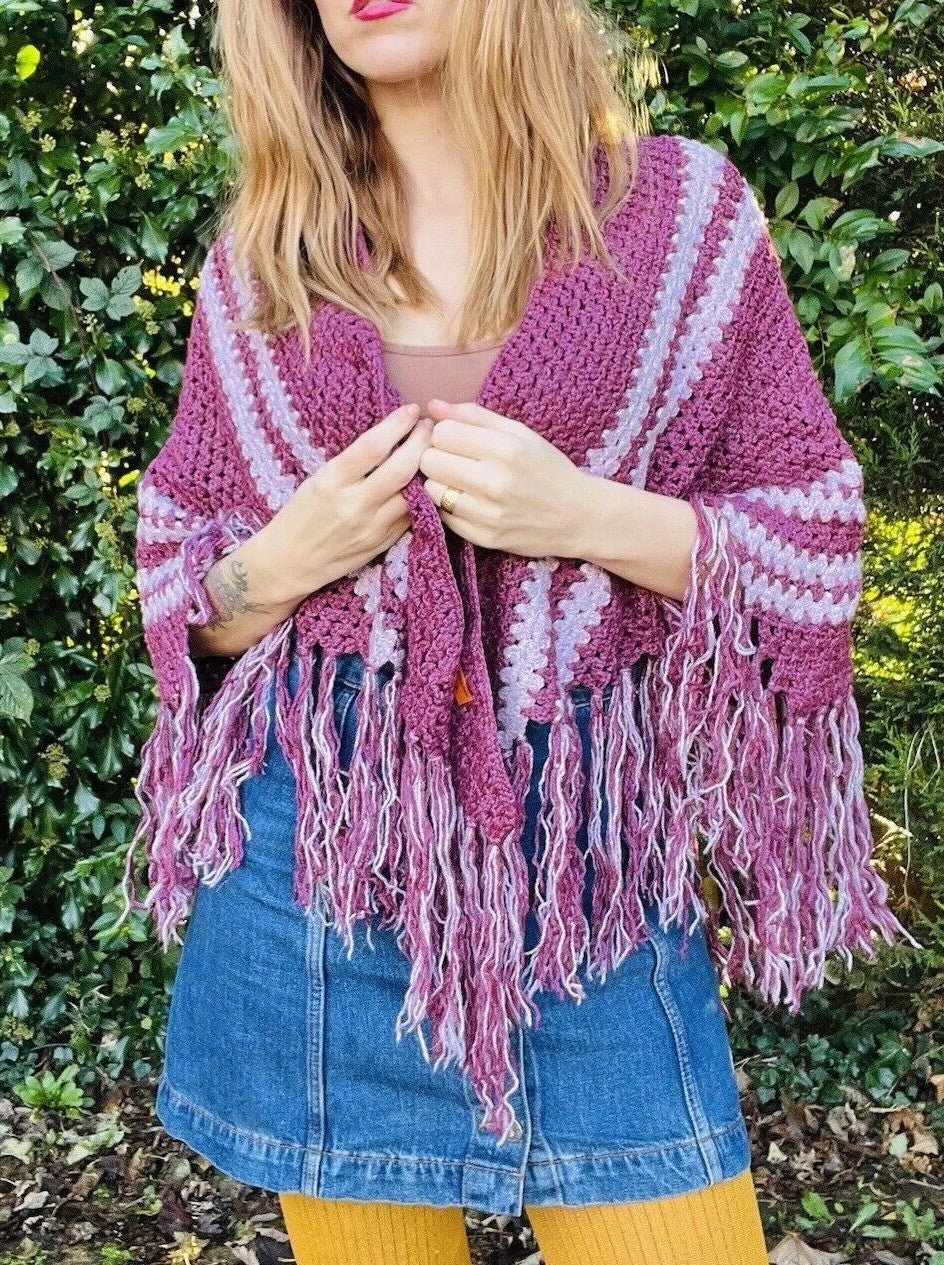 Vintage Knit Crochet Shawl Hippie Boho Triangle Wrap Cape Cottage Whimsy Scarf