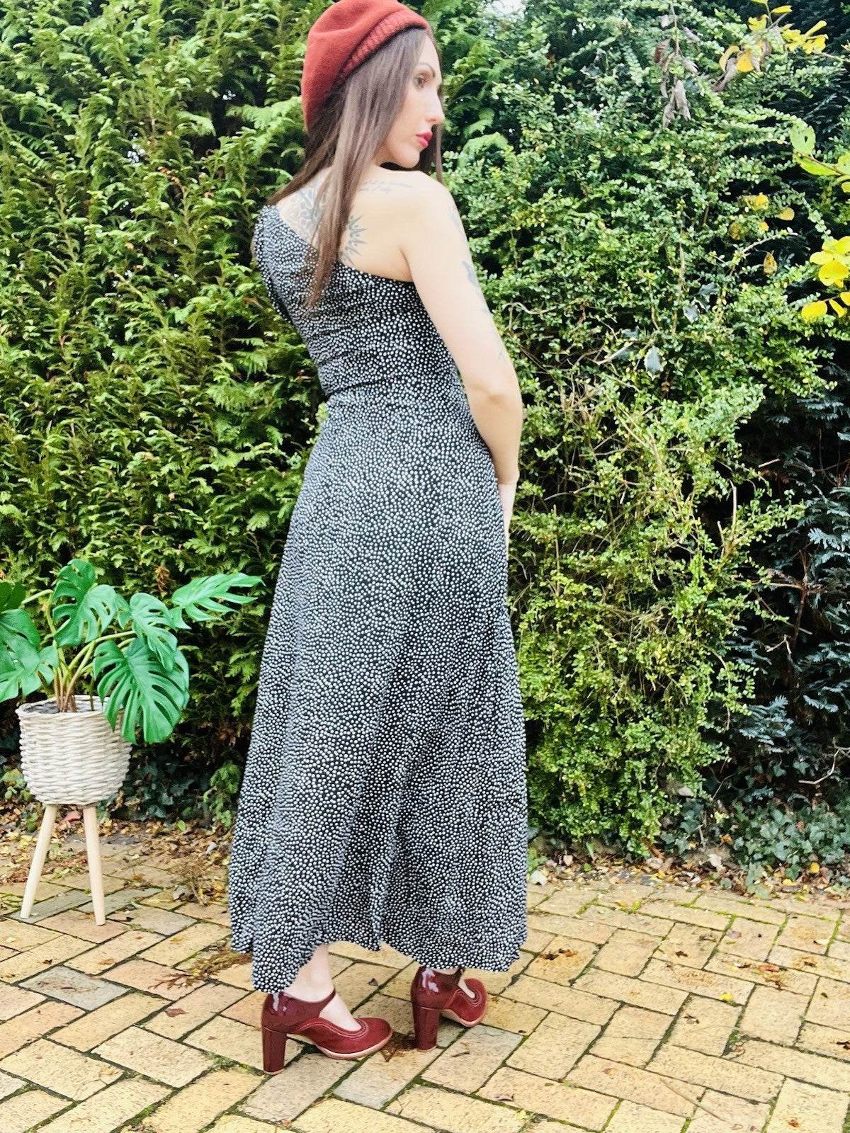 One Shoulder Maxi dress By Free People 6 To 8 Leg split hippie boho Polkadot