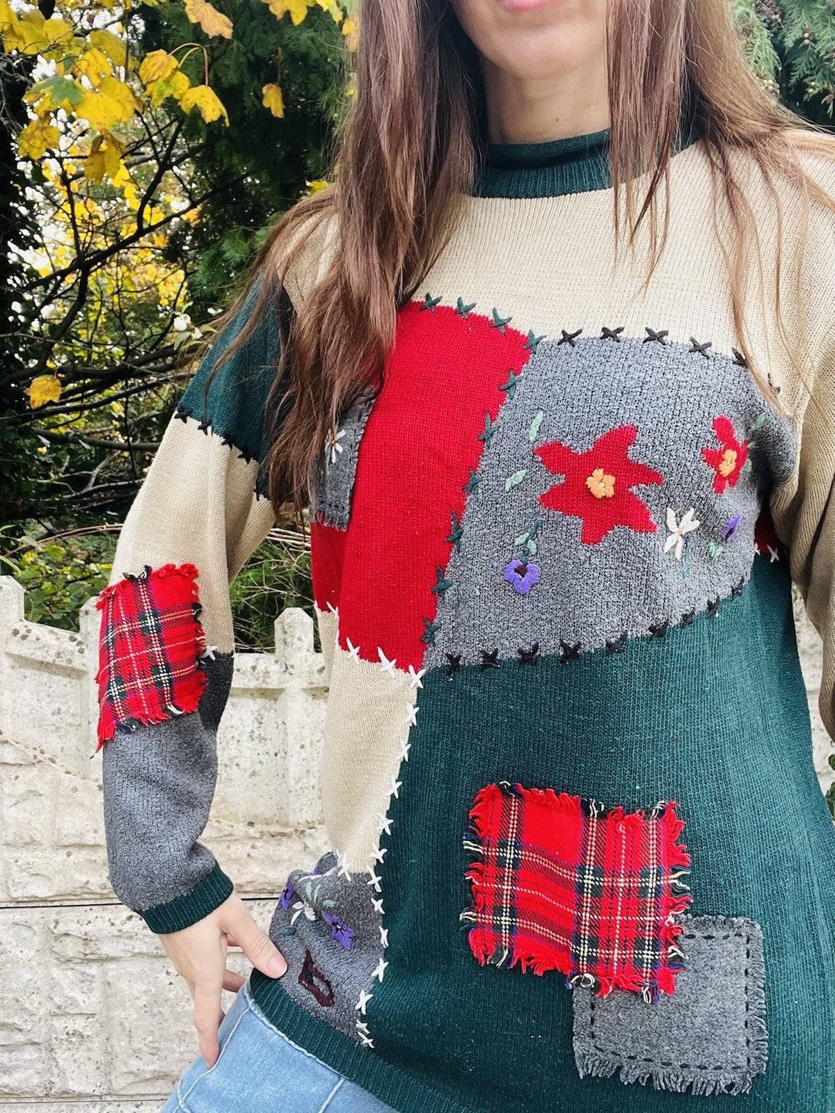 Vintage 90s Knit Jumper By Fabrizio Patchwork Cottagecore Whimsy Sweater Size 10