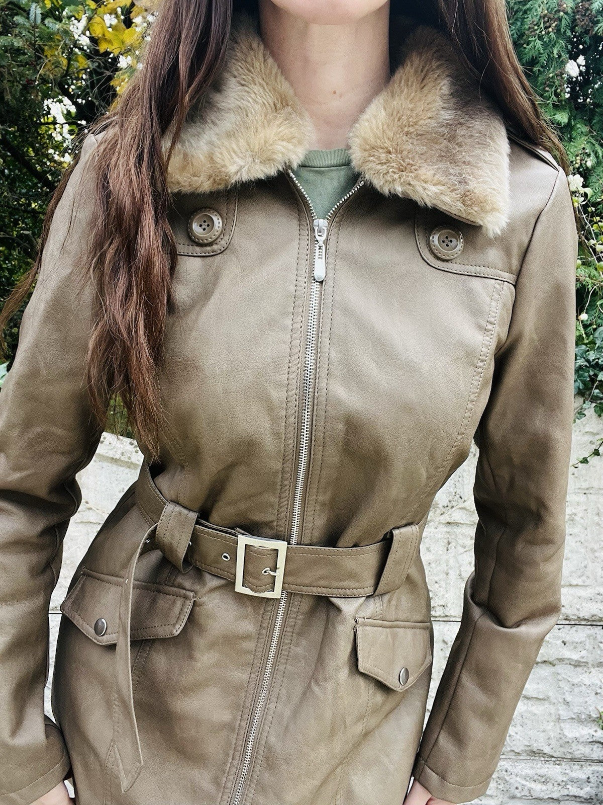 Faux Leather Winter Coat Size 10 Tan, With Fur Trim Collar And Belt, Warm Jacket