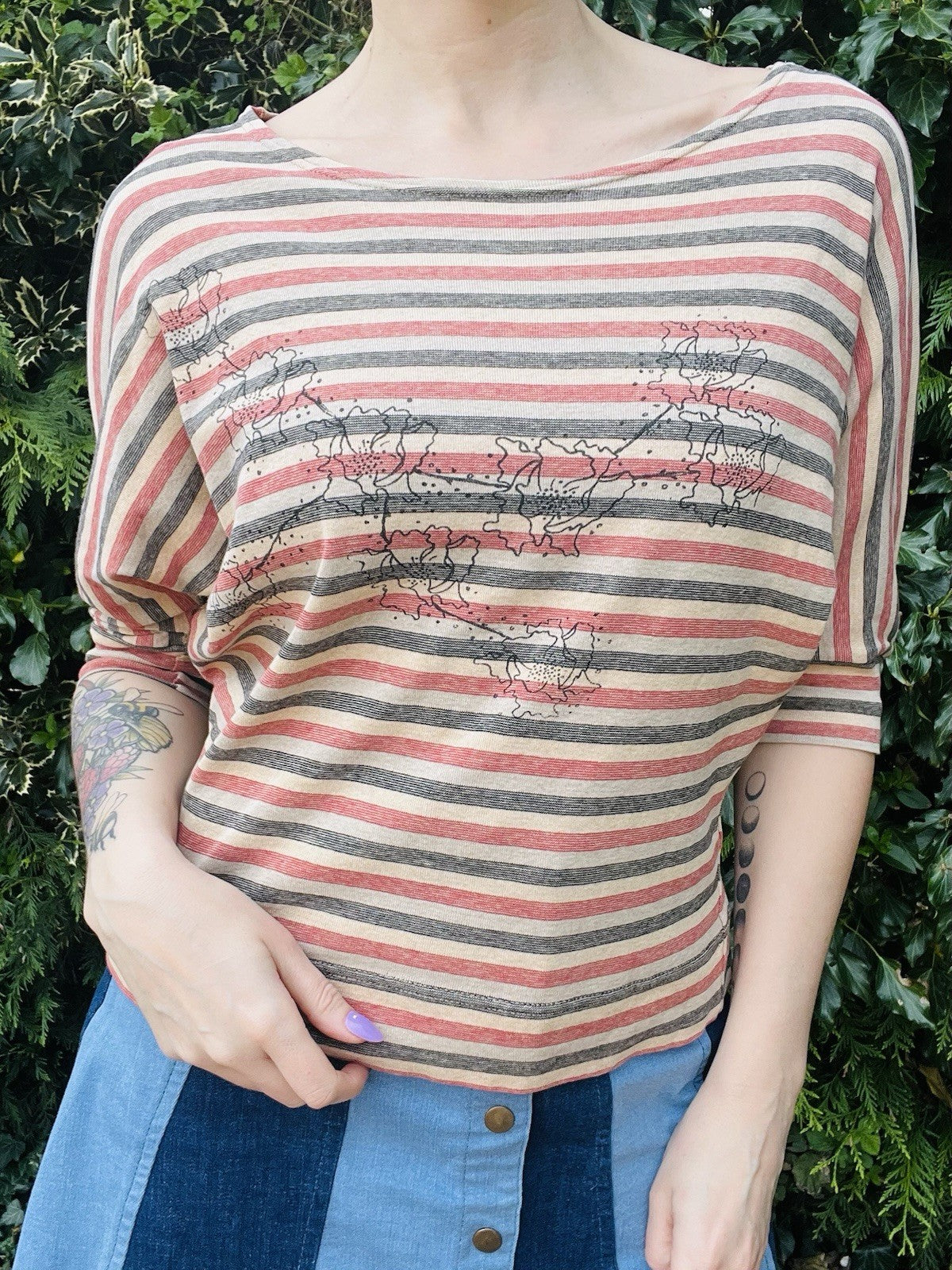 Vintage 1990s Cotton T-shirt By Jane Wikstrom Swedish Batwing Striped Top Size M