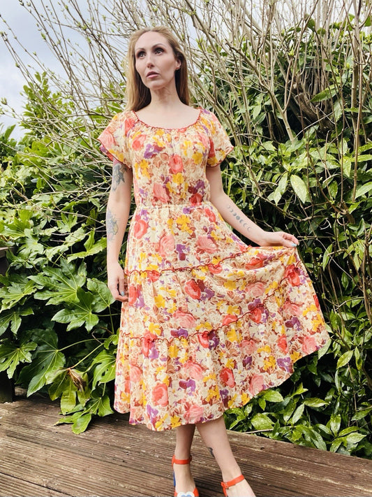 Vintage Cottagecore Floral Dress Sheer Top Bardot Frilly Layered Summer Dress 14