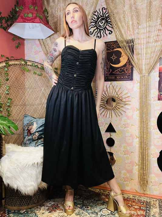 Vintage 80s Party Dress With Elasticated Ruffle Corset And Bow Detail Black 10