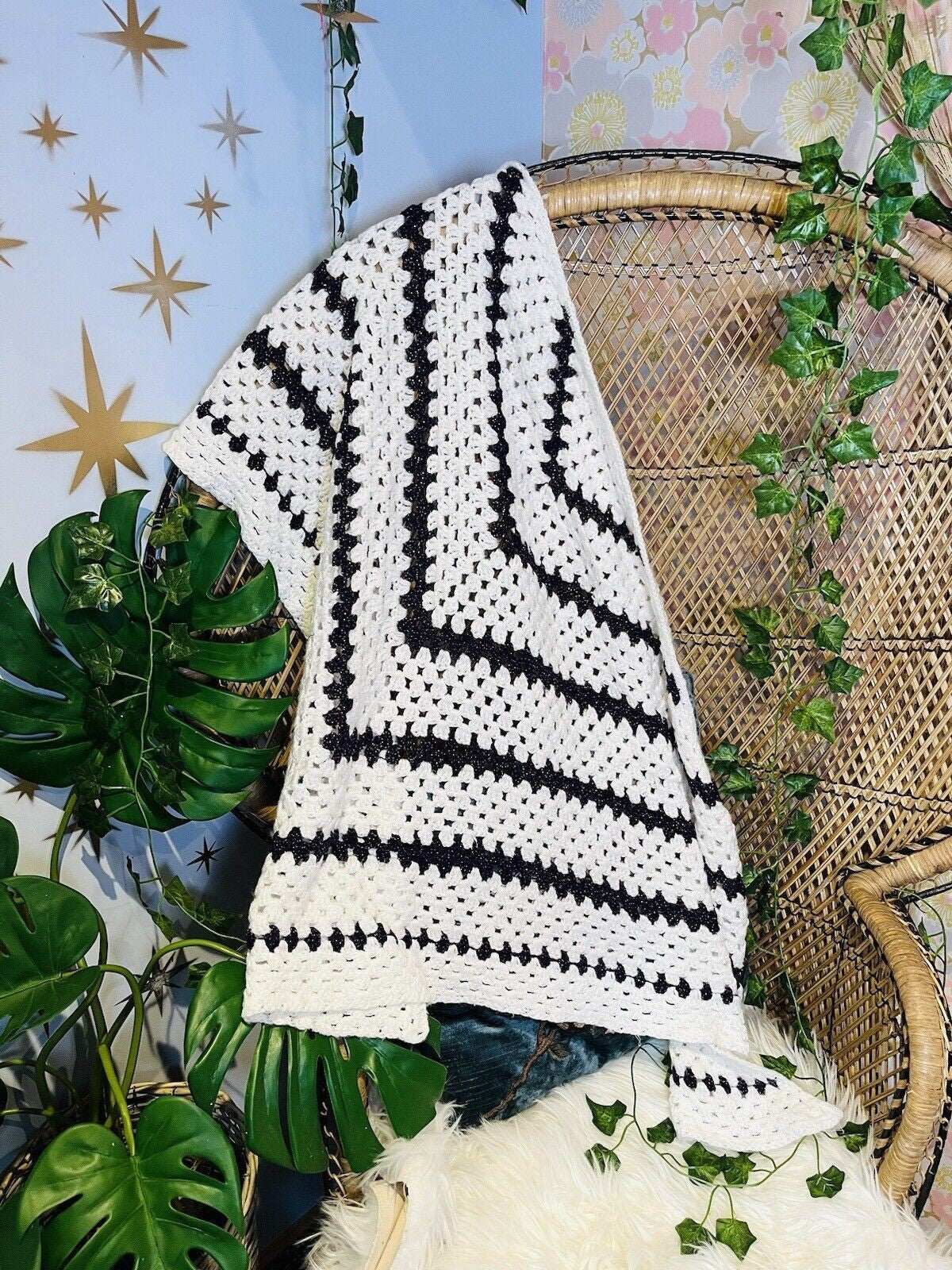 Vintage Knit Crochet Shawl Hippie Boho Triangle Wrap Cape Cottage Whimsy Scarf