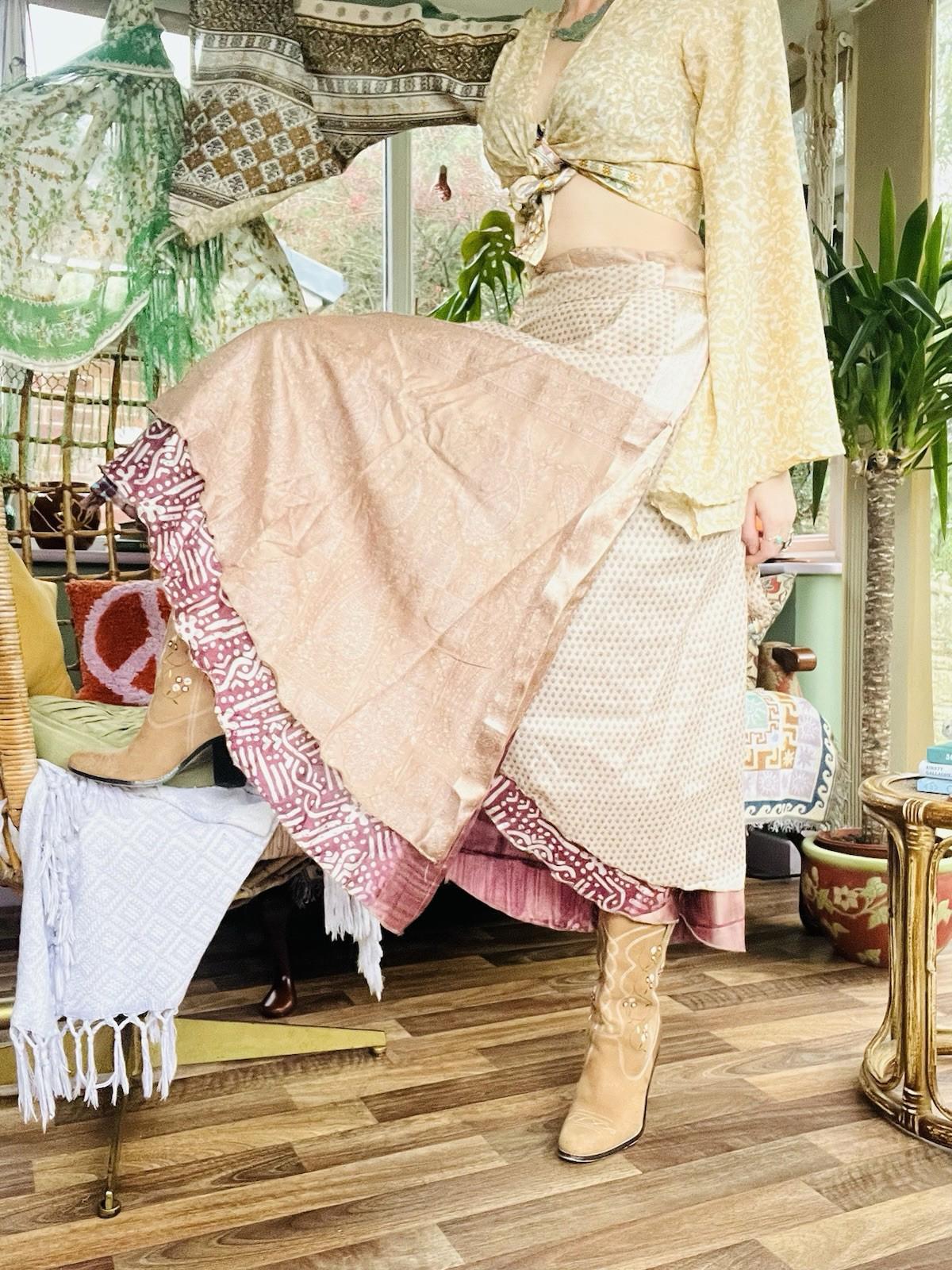 Layered Hippie Maxi Skirt Vintage Sari Silk Hippie Boho Long Gypsy Wrap Skirt