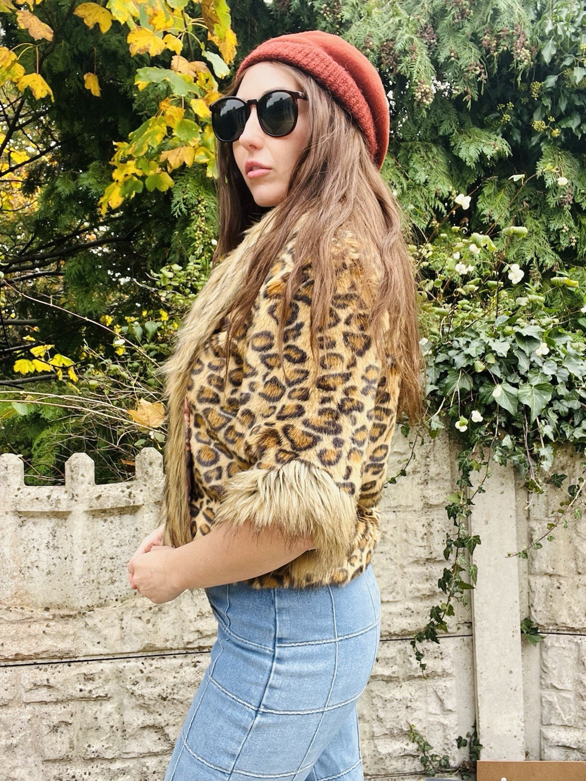 Y2K Faux Fur Coat Vintage Leopard Print Jacket 3/4 Sleeves Size 10-12 Aeromiss