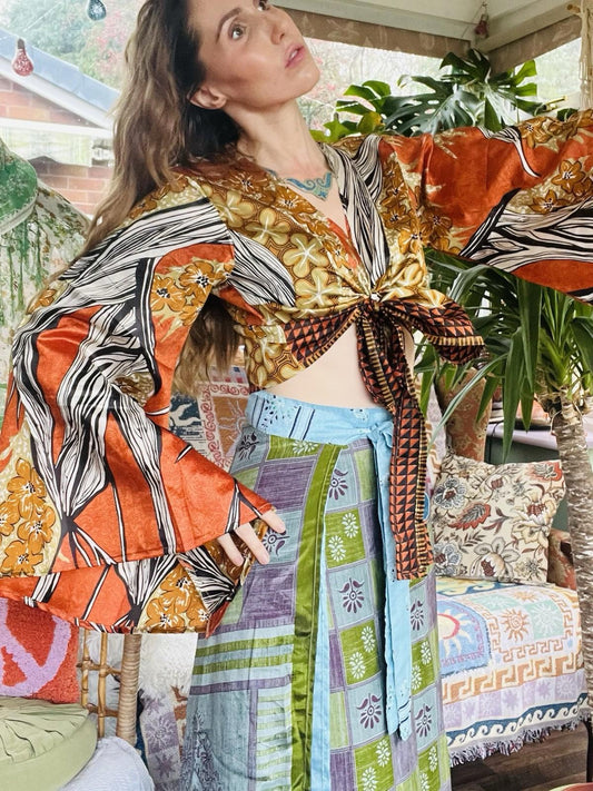 Flared Sleeve Top Vintage Silk Hippie Boho Bell Sleeved Wrap Top Gypsy Bolero