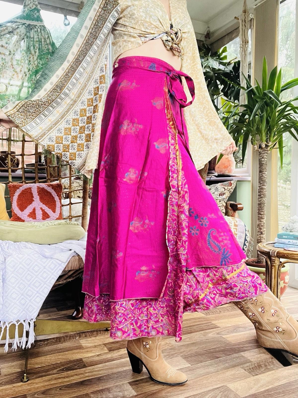 Layered Hippie Maxi Skirt Vintage Sari Silk Hippie Boho Long Gypsy Wrap Skirt
