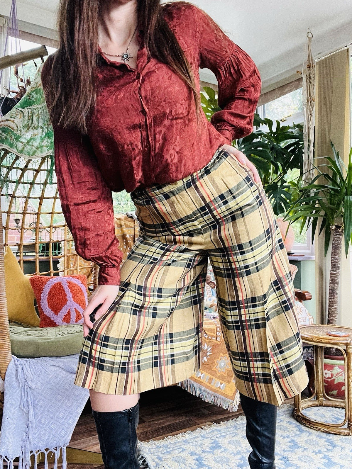 Vintage Tartan Culottes, Check Plaid Long Wide Leg Shorts By Eva Donna Size 8