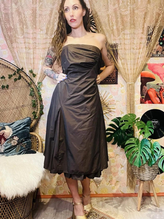 Vintage 1990s Prom Dress 90s Strapless Cocktail Gown Brown Size 14