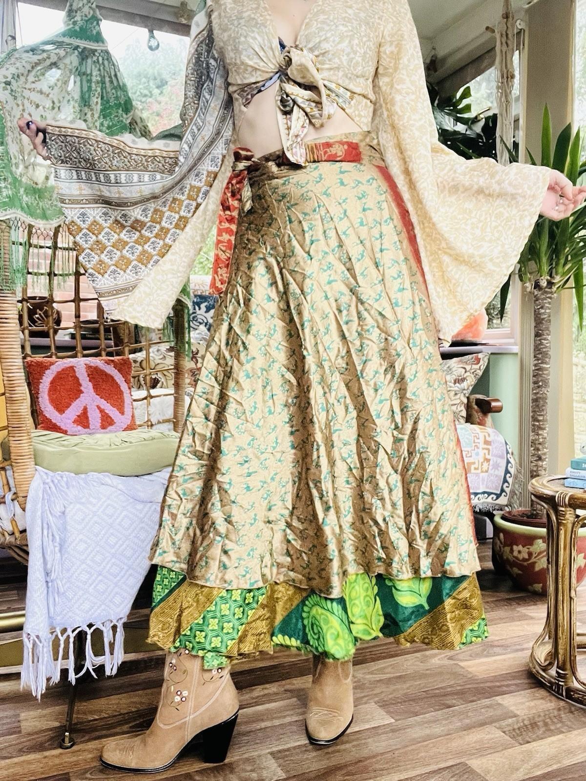 Layered Hippie Maxi Skirt Vintage Sari Silk Hippie Boho Long Gypsy Wrap Skirt