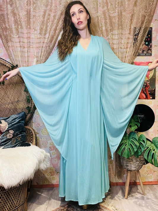 Vintage 1970s Maxi Dress Flared Angel Sleeve Floaty Layered Hippie Dress Blue 14