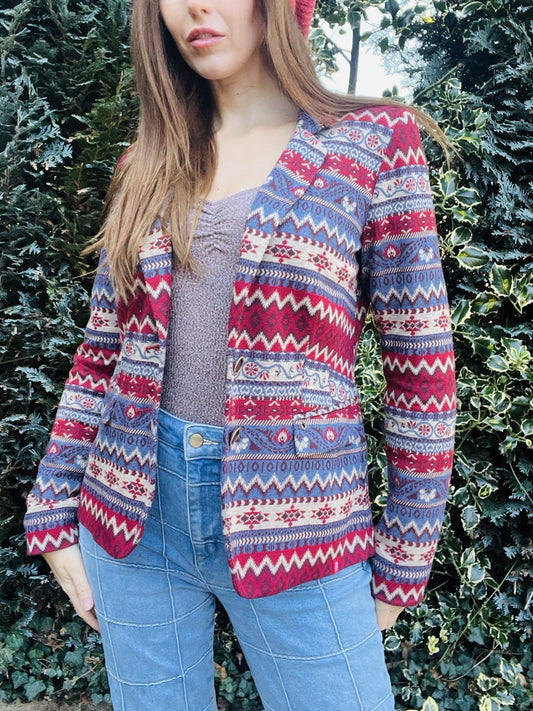 Vintage 1990s fair Isle Jacket Aztec Geometric Cardigan Blazer By Esprit 12