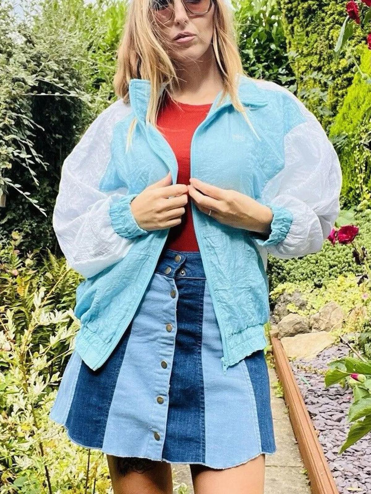 Vintage 1980s Shell Suit Jacket Zip Up Oversized Ladies Blue White Size 8 10