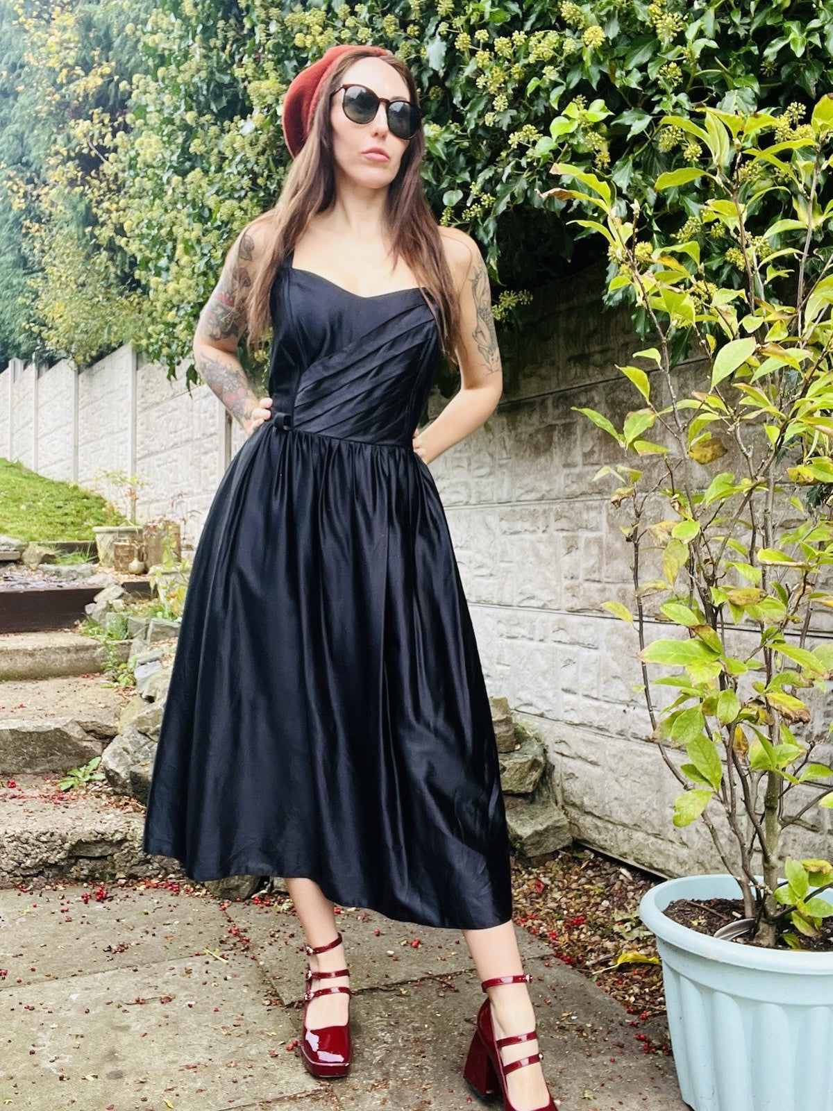 Vintage 1980s Party Dress Black Size 16 Midi Length Strappy Retro Dress