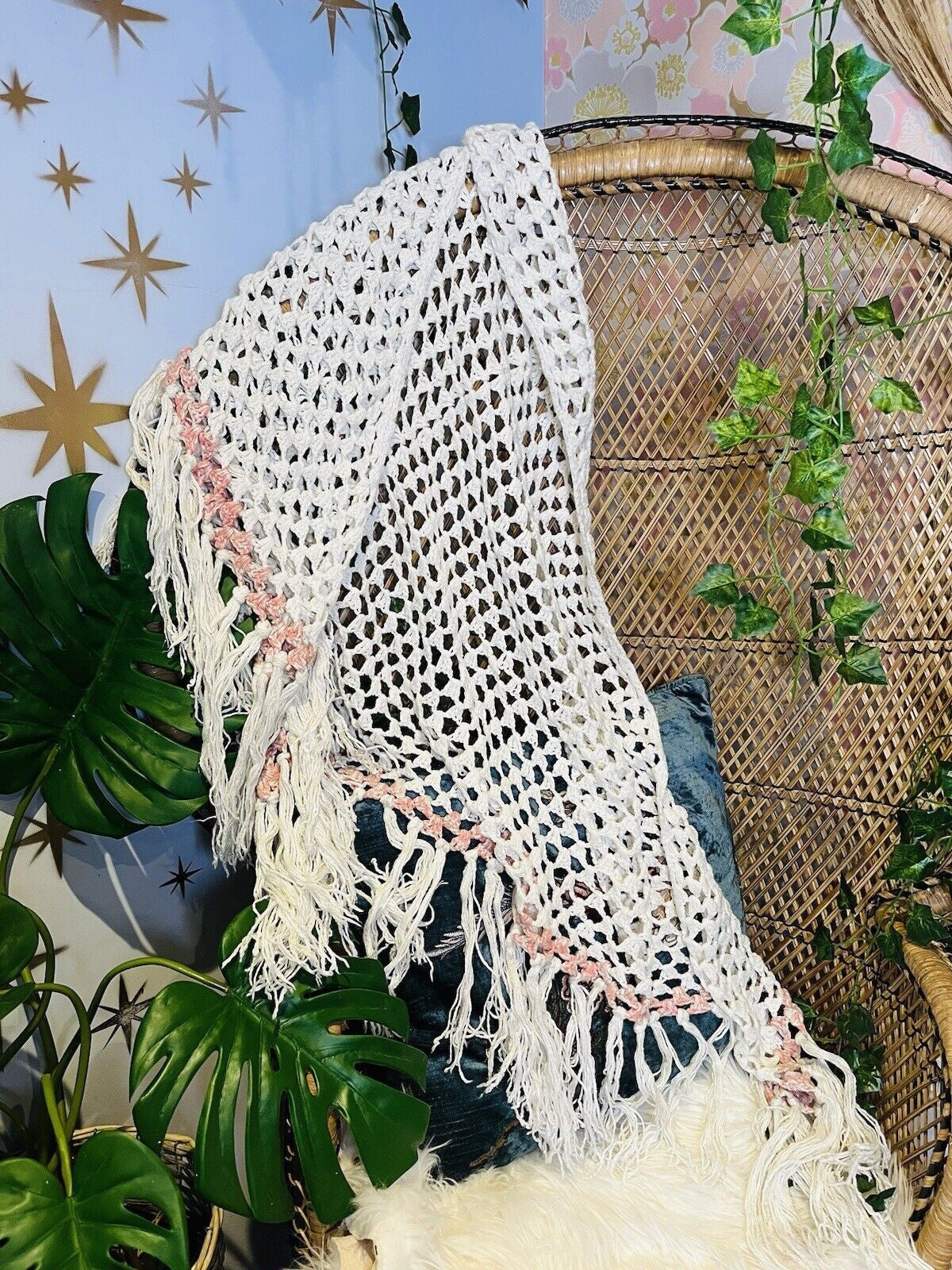 Vintage Knit Crochet Shawl Hippie Boho Triangle Wrap Cape Cottage Whimsy Scarf