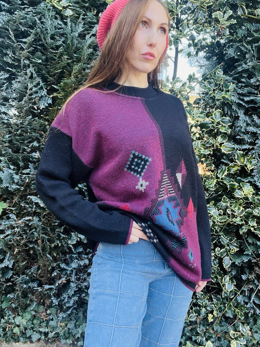 Vintage 1980s Knitted Jumper, Retro Geometric Oversized Wool Blend Knit 14-16