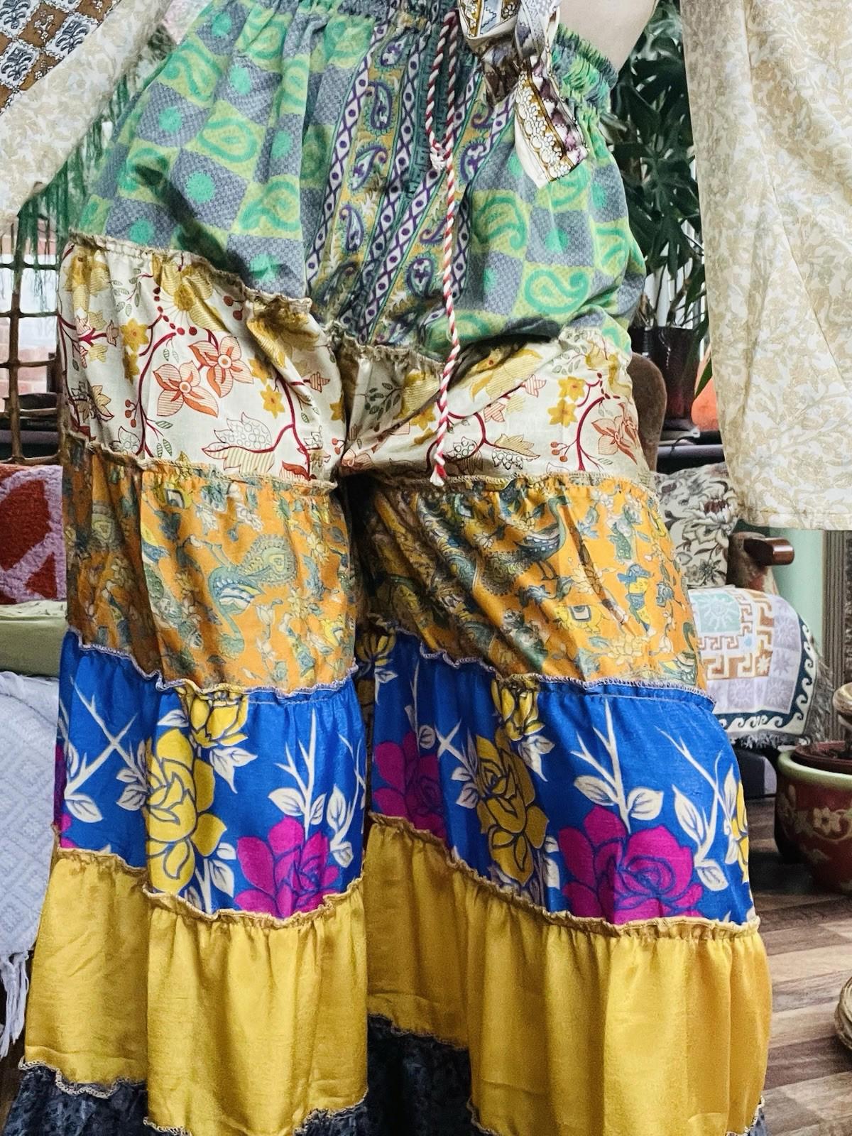 Wide Leg Trousers Vintage Patchwork Layered Sari Silk Hippie Boho Gypsy Pants M