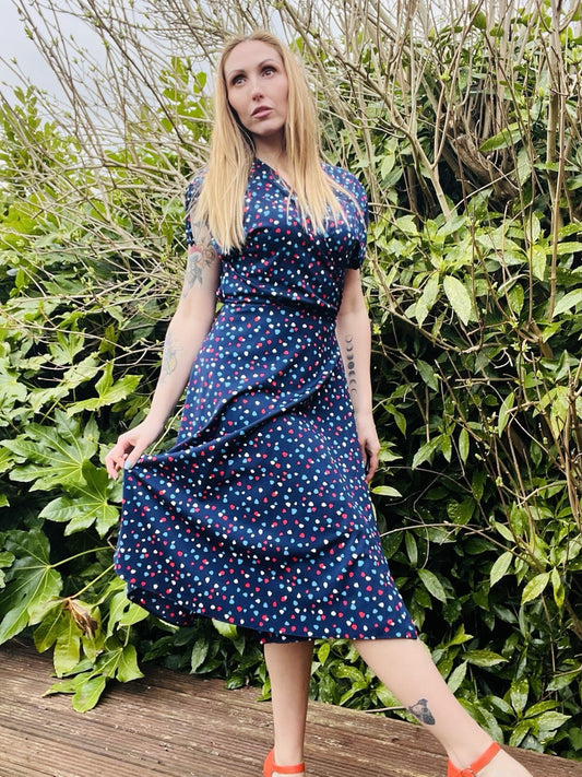 Vintage 1980s Wrap Dress Summer Polkadot Midi Dress With Short Sleeves 12-14