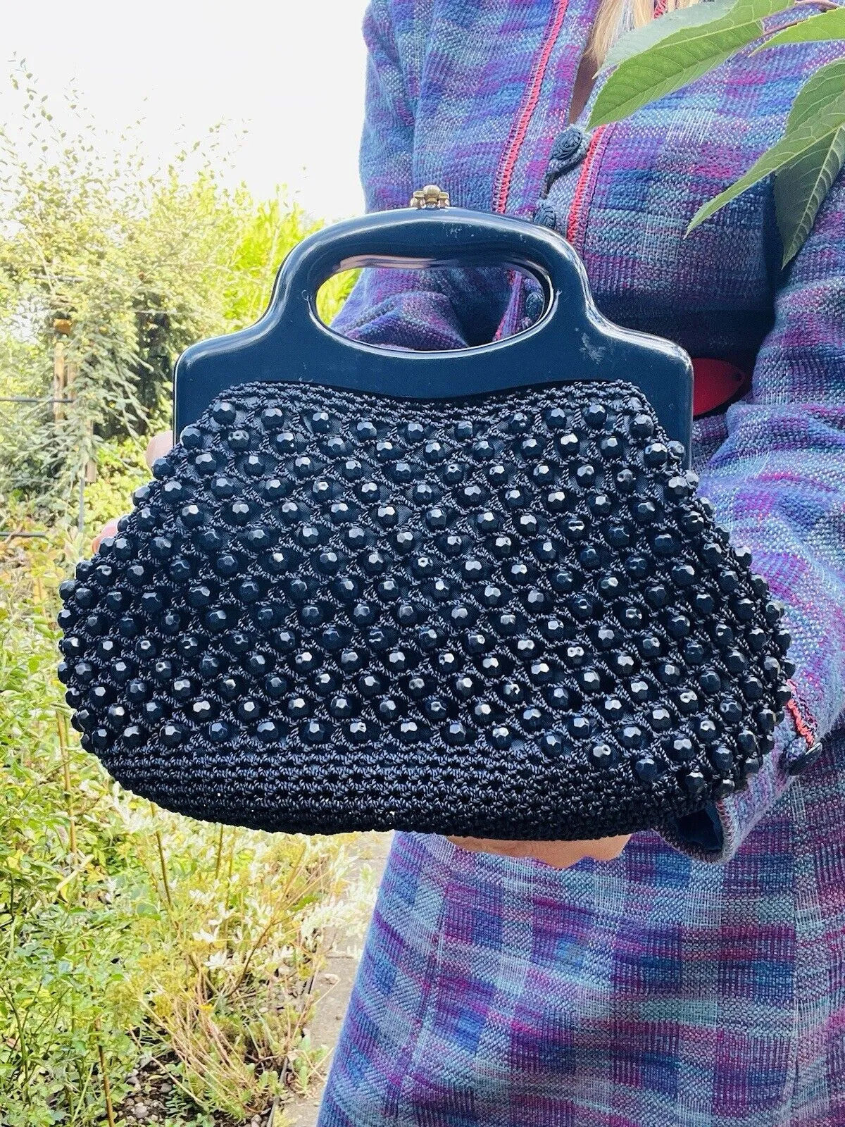 Vintage 50s Hand Bag 1950s Beaded Rafia Handbag Plastic Handles And Gold Clasp