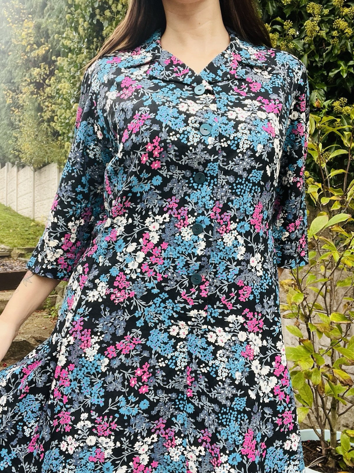 Vintgae 1960s Floral Dress Blue Size 16 Ditsy Retro Boho Casual Tea Dress