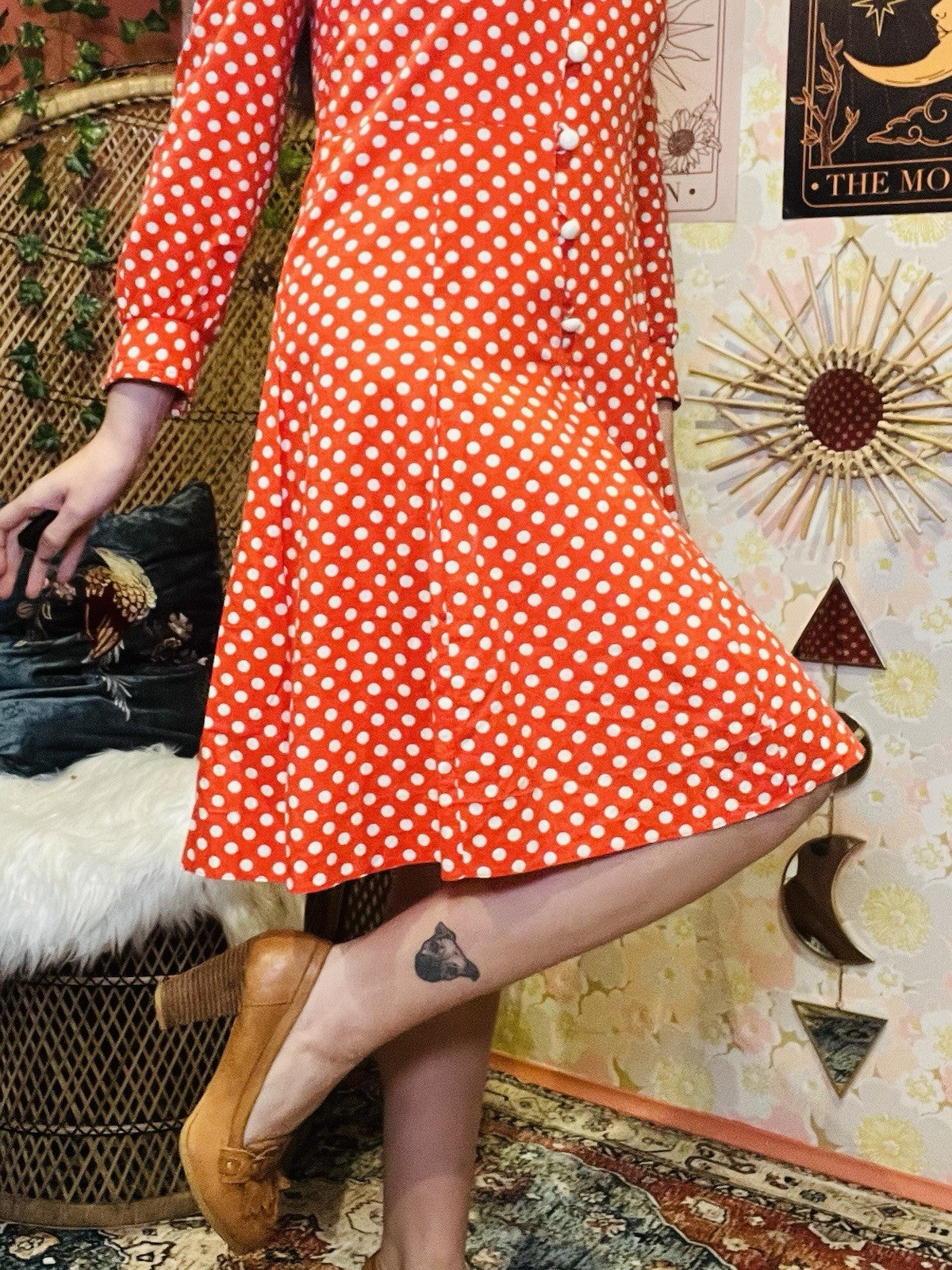 Vintage 60s Day Dress Size 12 Red Retro 1960s Polkadot Long Sleeve Pleated