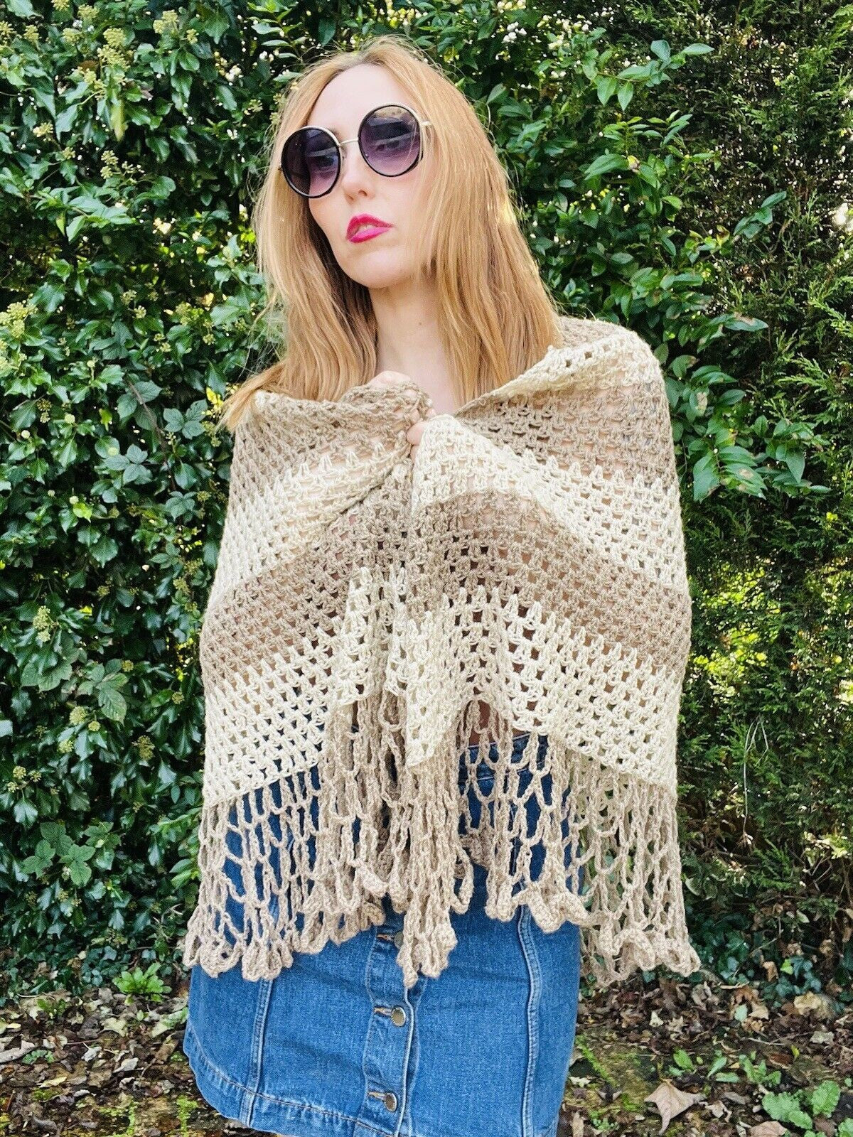 Vintage Knit Crochet Shawl Hippie Boho Triangle Wrap Cape Cottage Whimsy Scarf