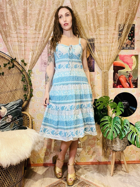 Vintage 1970s Summer Dress By Betty Barclay Ditsy Floral Cottagecore Blue 12