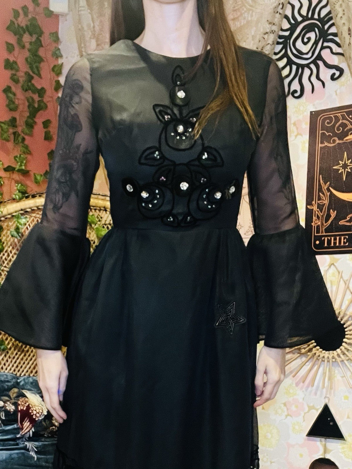 Vintage 90s Party Dress Black S 8 By Vera Mont Whimsigoth  Star Flared Sleeves