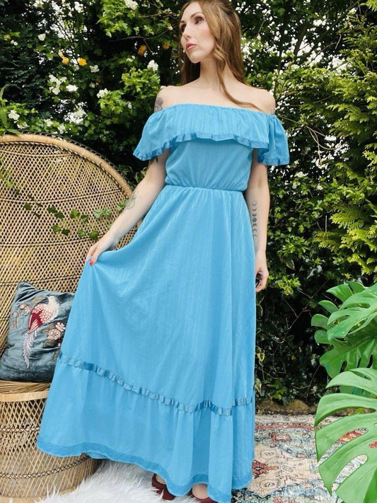 Vintage 1970s Maxi Dress By C&A Long Bardot Shoulder Layered Prairie Dress 8