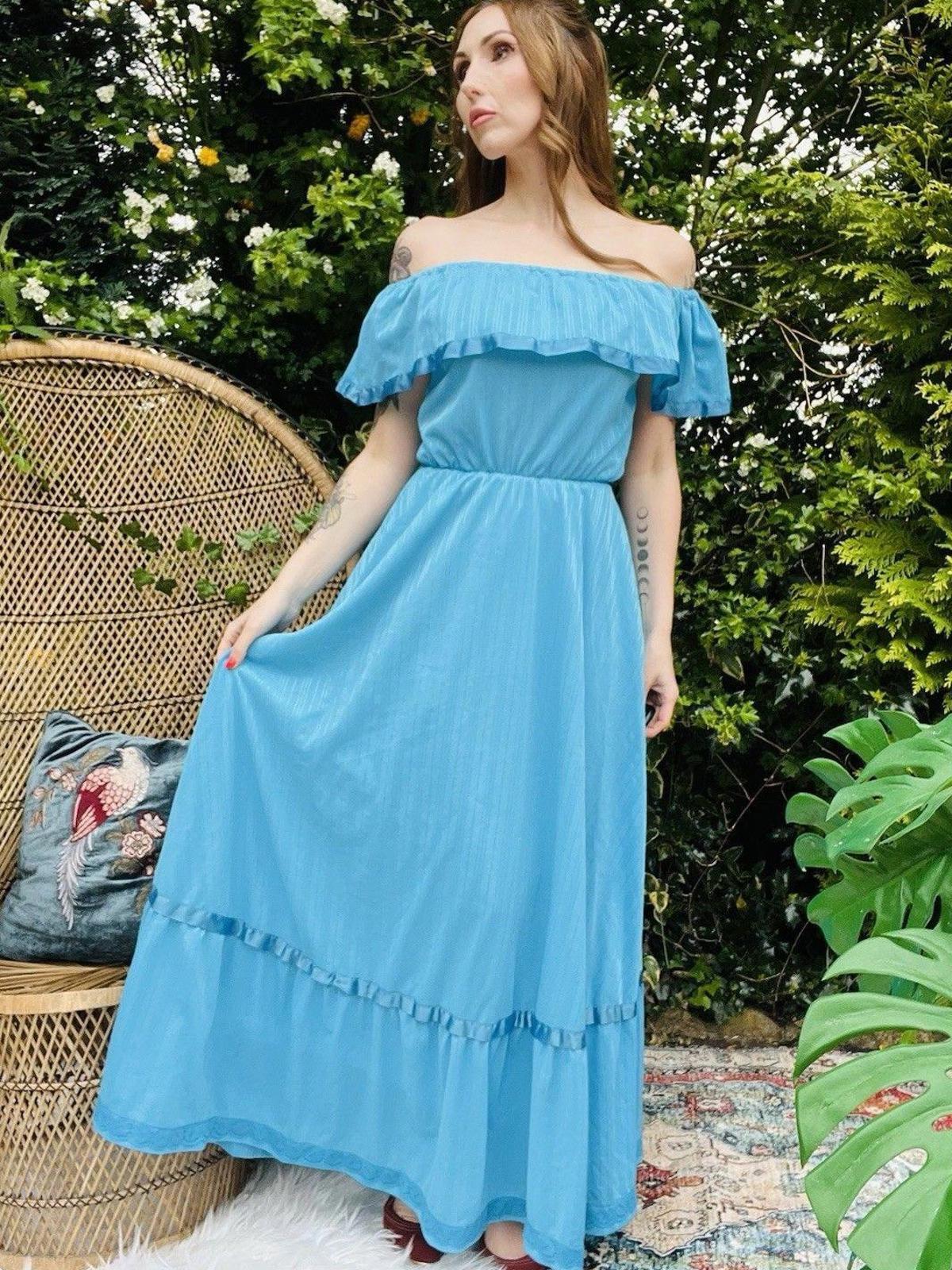 Vintage 1970s Maxi Dress By C&A Long Bardot Shoulder Layered Prairie Dress 8