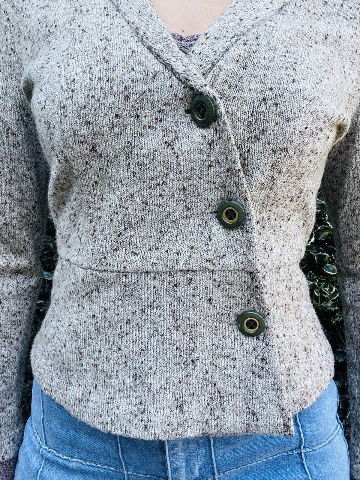 Vintage 1970s Knitted Cardigan, Retro Wool Knit Fitted Jacket Beige Size 10