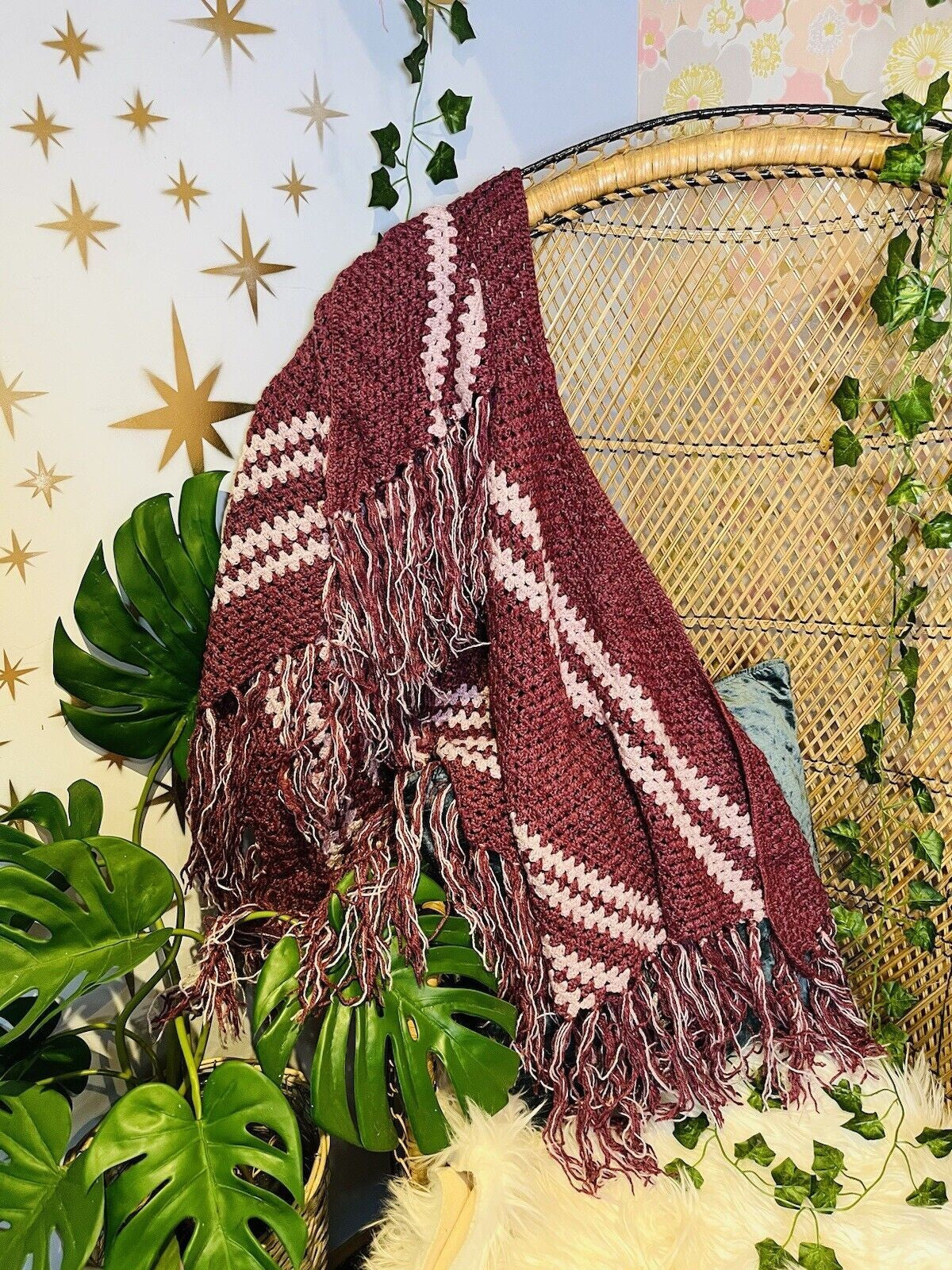 Vintage Knit Crochet Shawl Hippie Boho Triangle Wrap Cape Cottage Whimsy Scarf