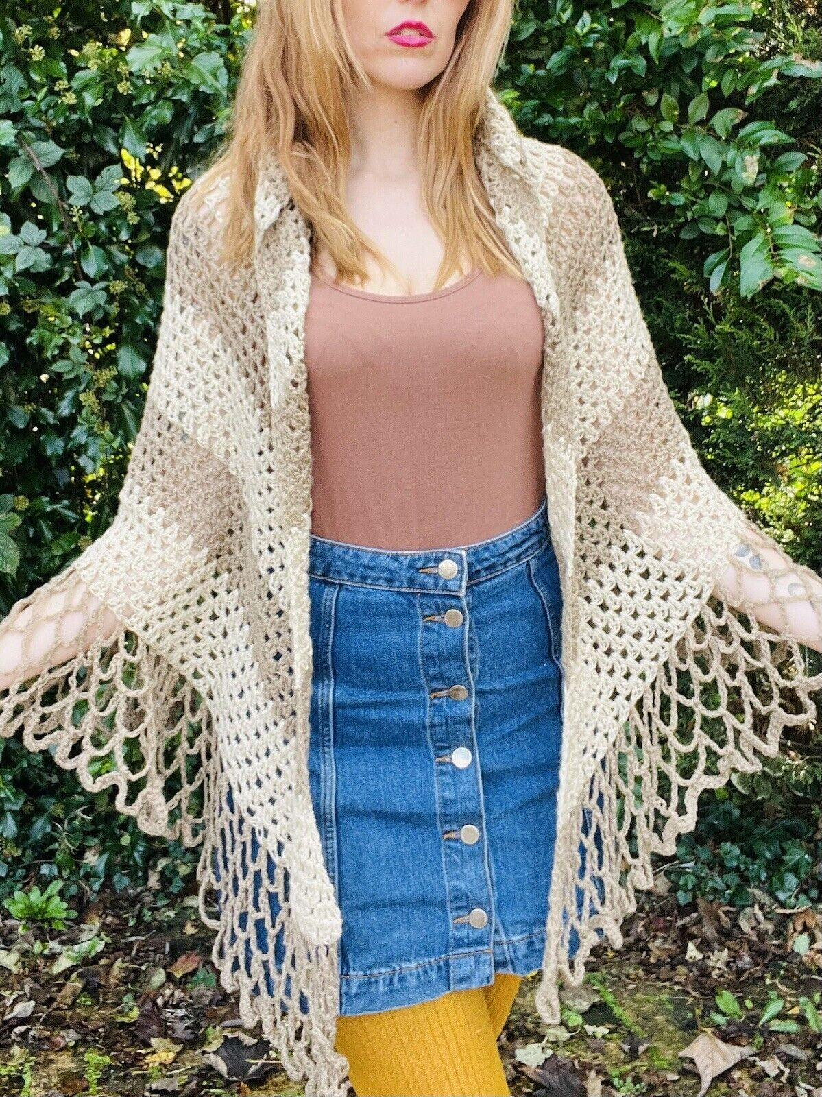 Vintage Knit Crochet Shawl Hippie Boho Triangle Wrap Cape Cottage Whimsy Scarf