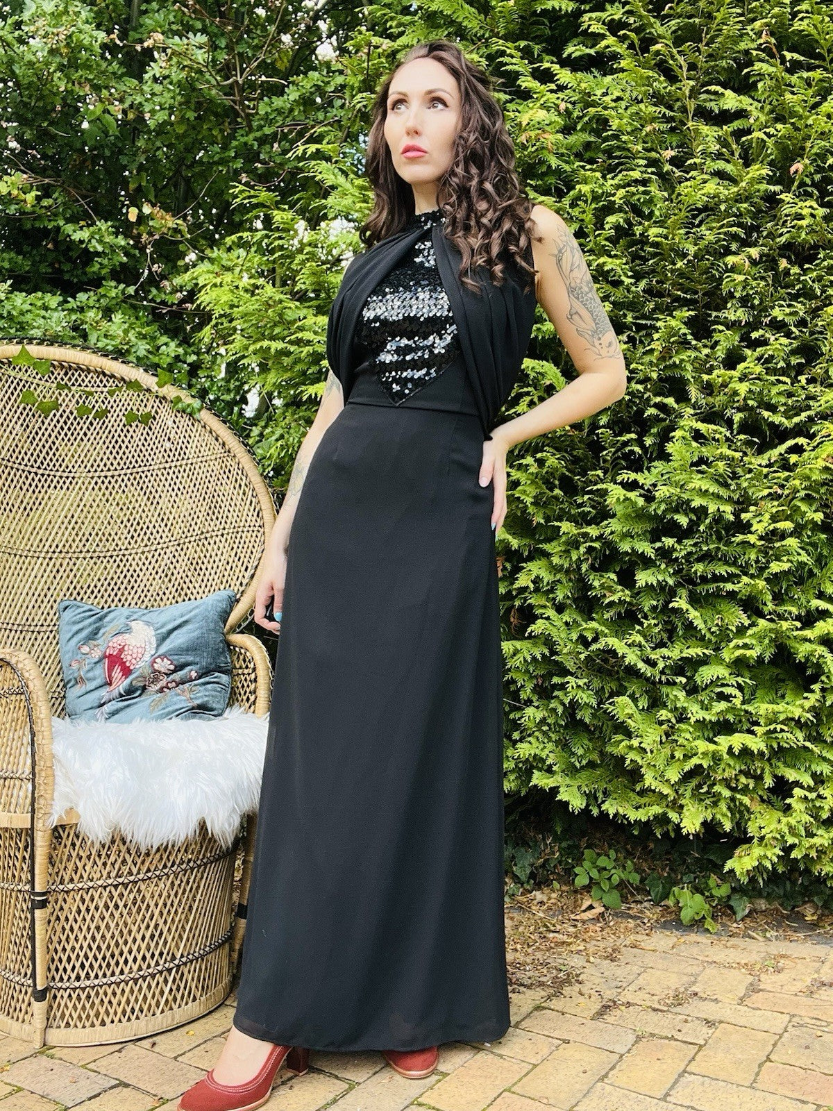 Vintage 1990s Cocktail Dress Long Cinched Waist With High Neck Sequins Black 14