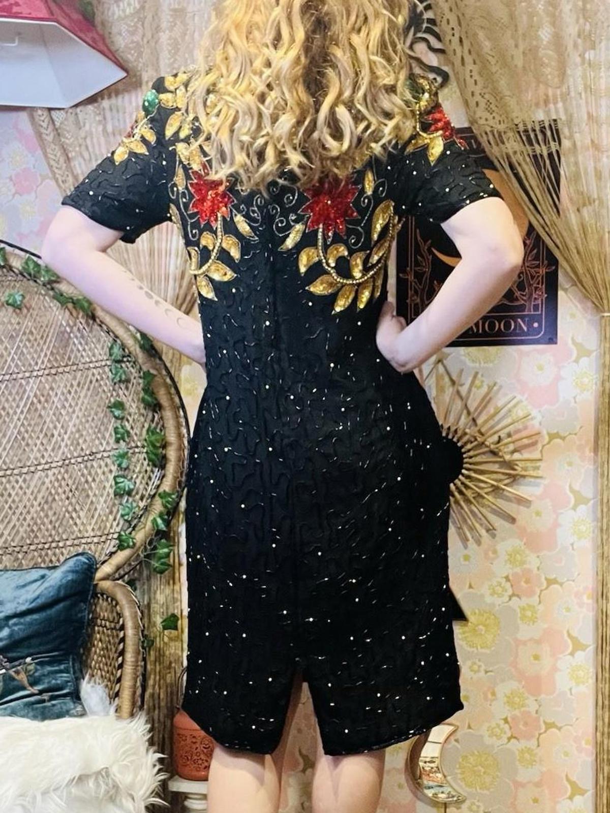 Vintage 1980s beaded Dress By Barkha Pure Silk Embellished Sequin Dress Black M