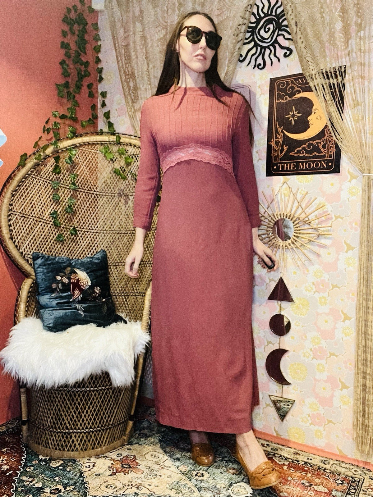 Vintage Y2K Slip Dress Pink Size 12 Long Sleeve High Neck Lace Cocktail Dress