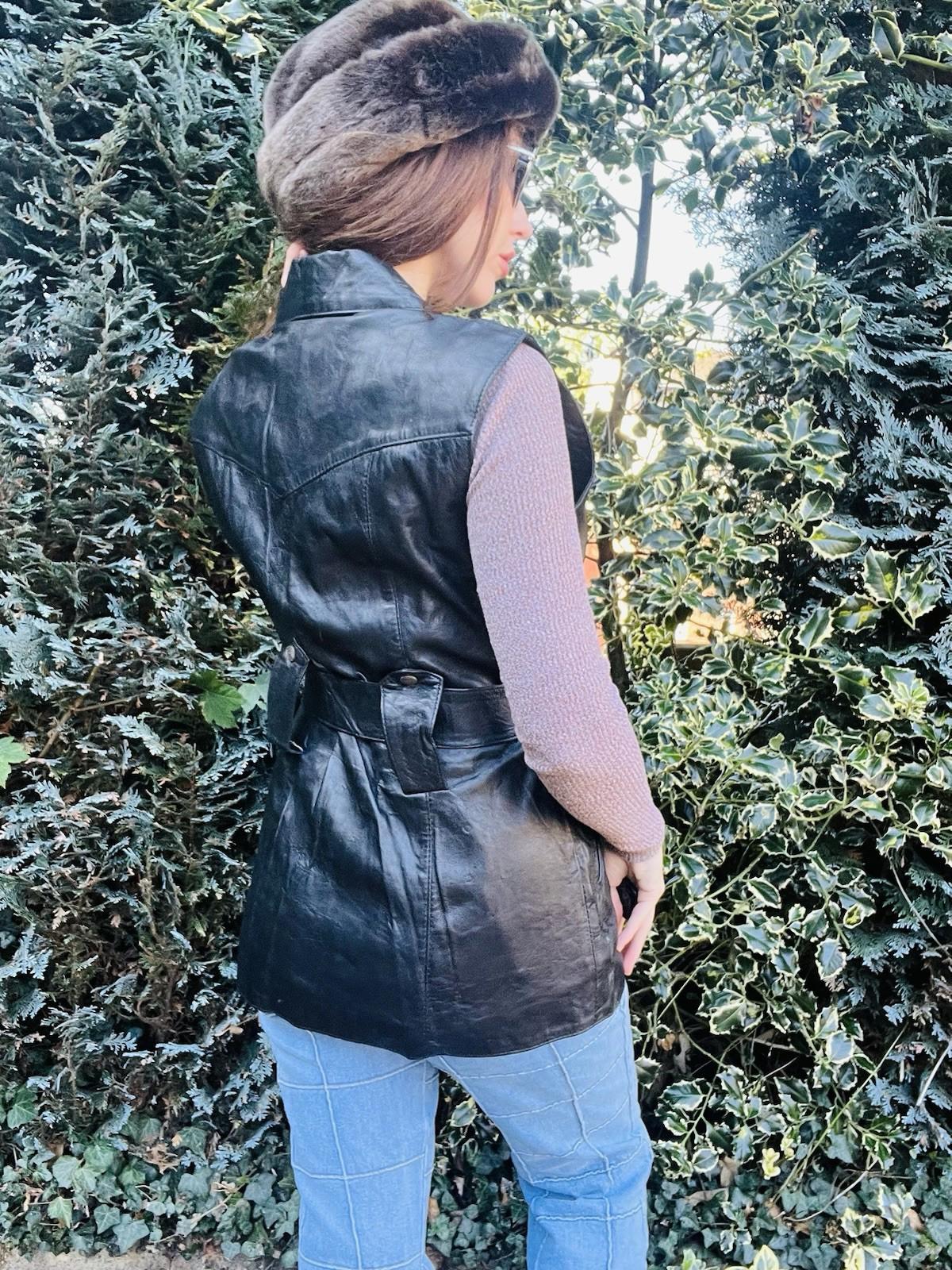 Vintage 70s 80s Leather Gilet  Retro Black Belted Sleeveless Jacket Size 10 12