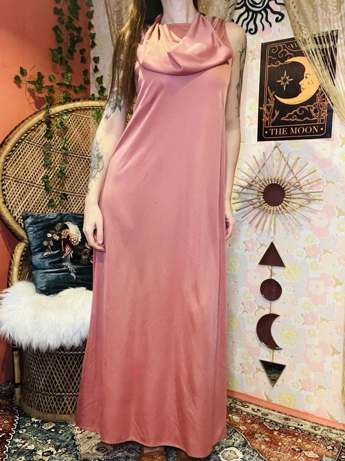 Vintage 1970s Slip Dress Size 10 Pink Retro 70s Slinky Long Cowl Neck  Dress