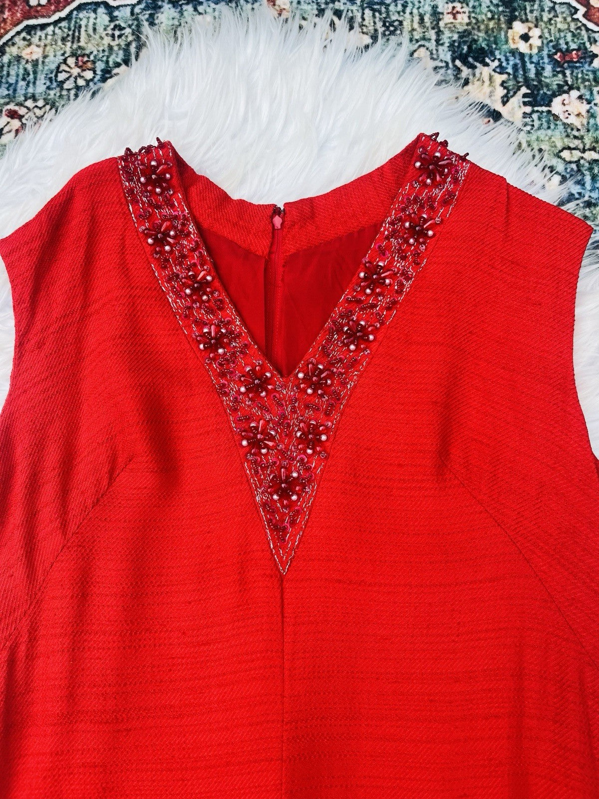 Vintage 1970s Maxi Dress Beaded Embellished Long Retro 70s Dress Red Size 14