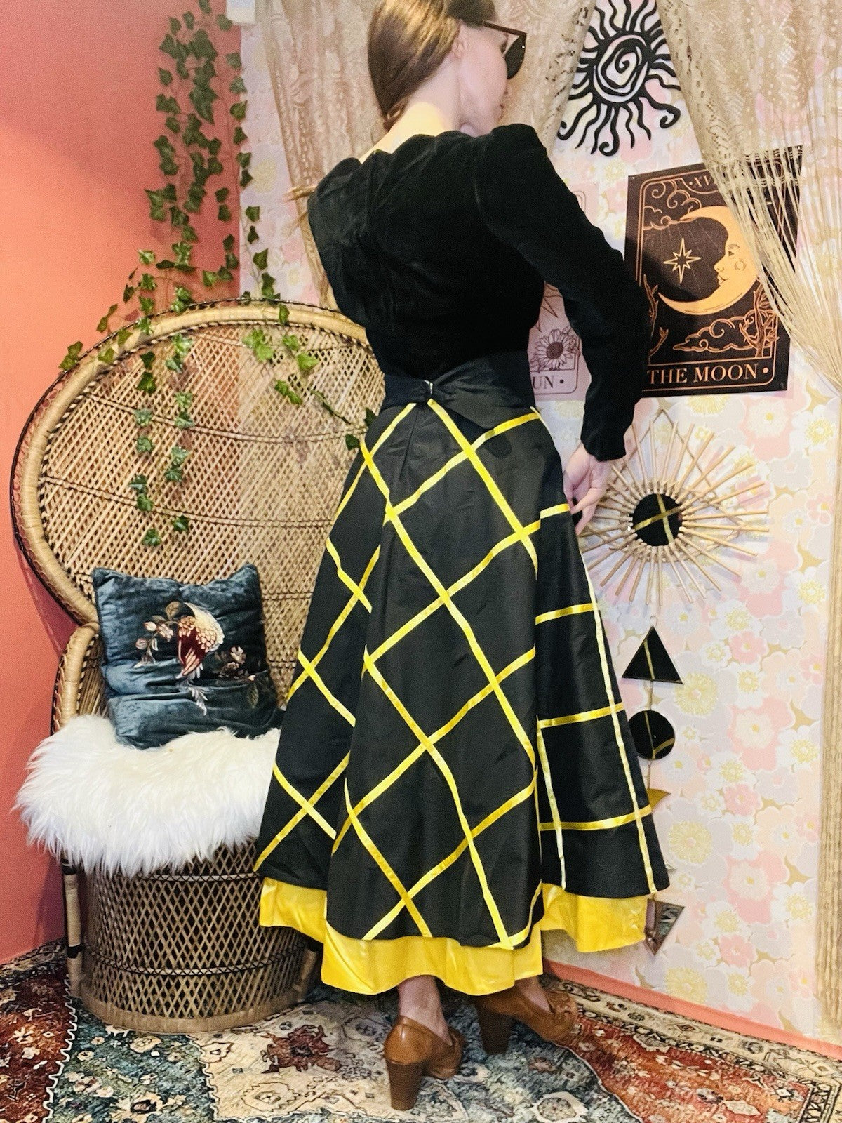 Vintage 80s Cocktail Dress Size 8 Black Velvet Bodice And Yellow Puffy Skirt