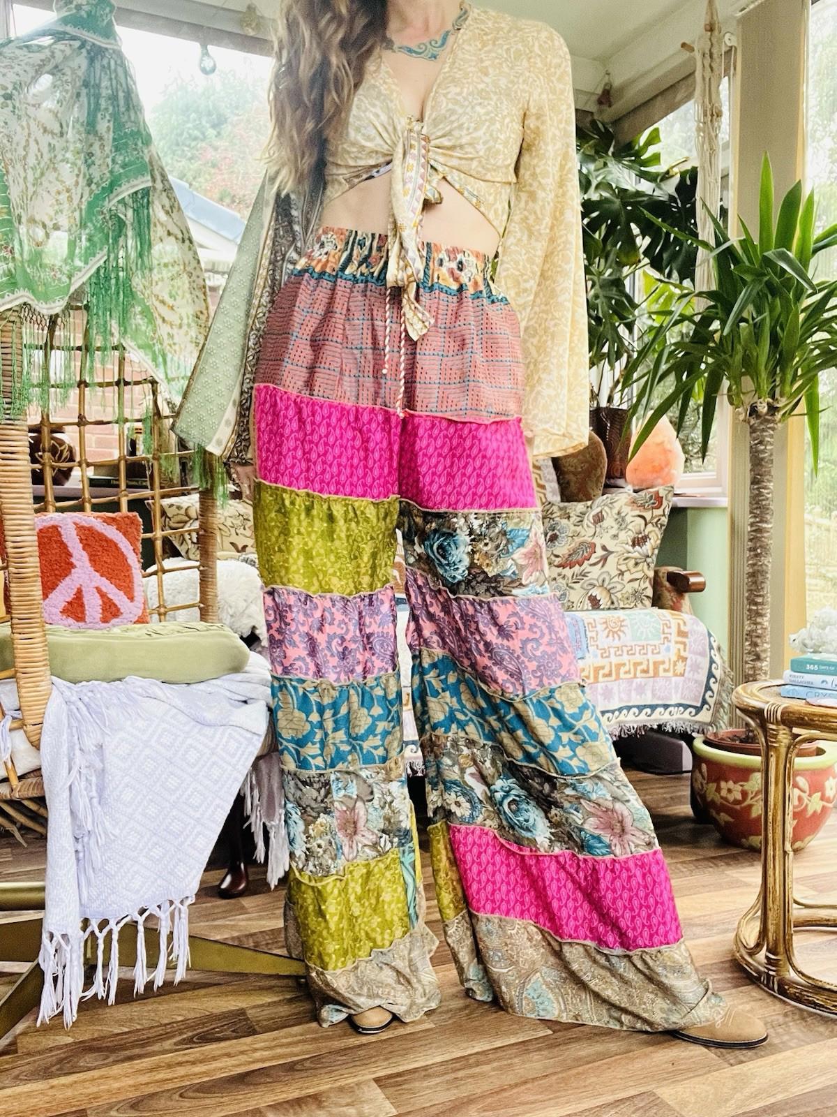Wide Leg Trousers Vintage Patchwork Layered Sari Silk Hippie Boho Gypsy Pants M