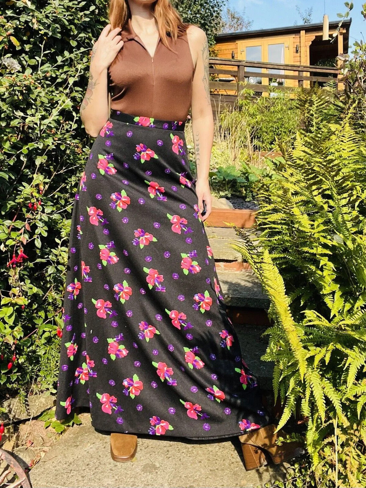 Vintage 60s Maxi Skirt Long 1960s Bold Floral Design Black Size 8